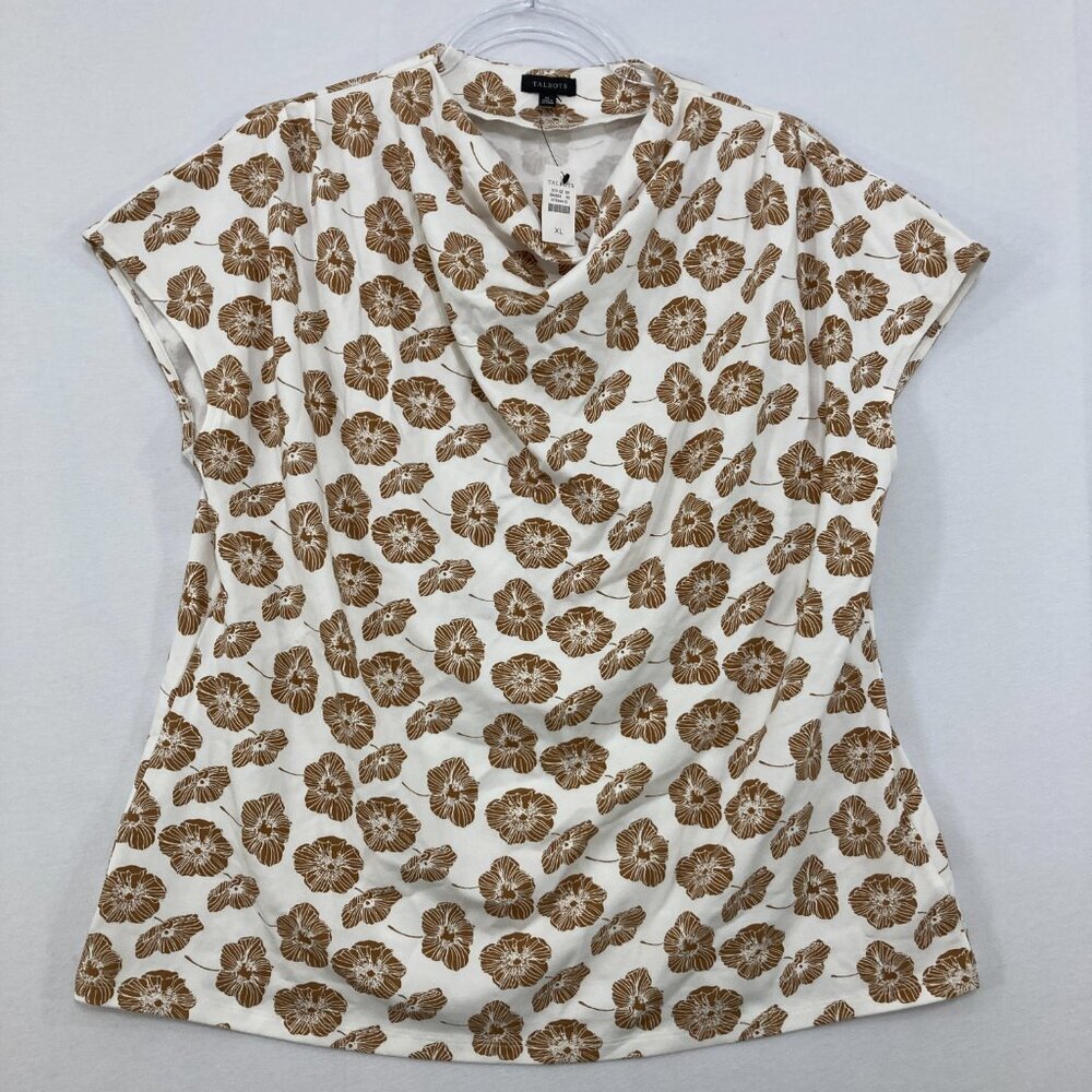 New Talbots size XL Brown White Floral‎ Draped Neck Stretch Blouse Elegant - Picture 2 of 10